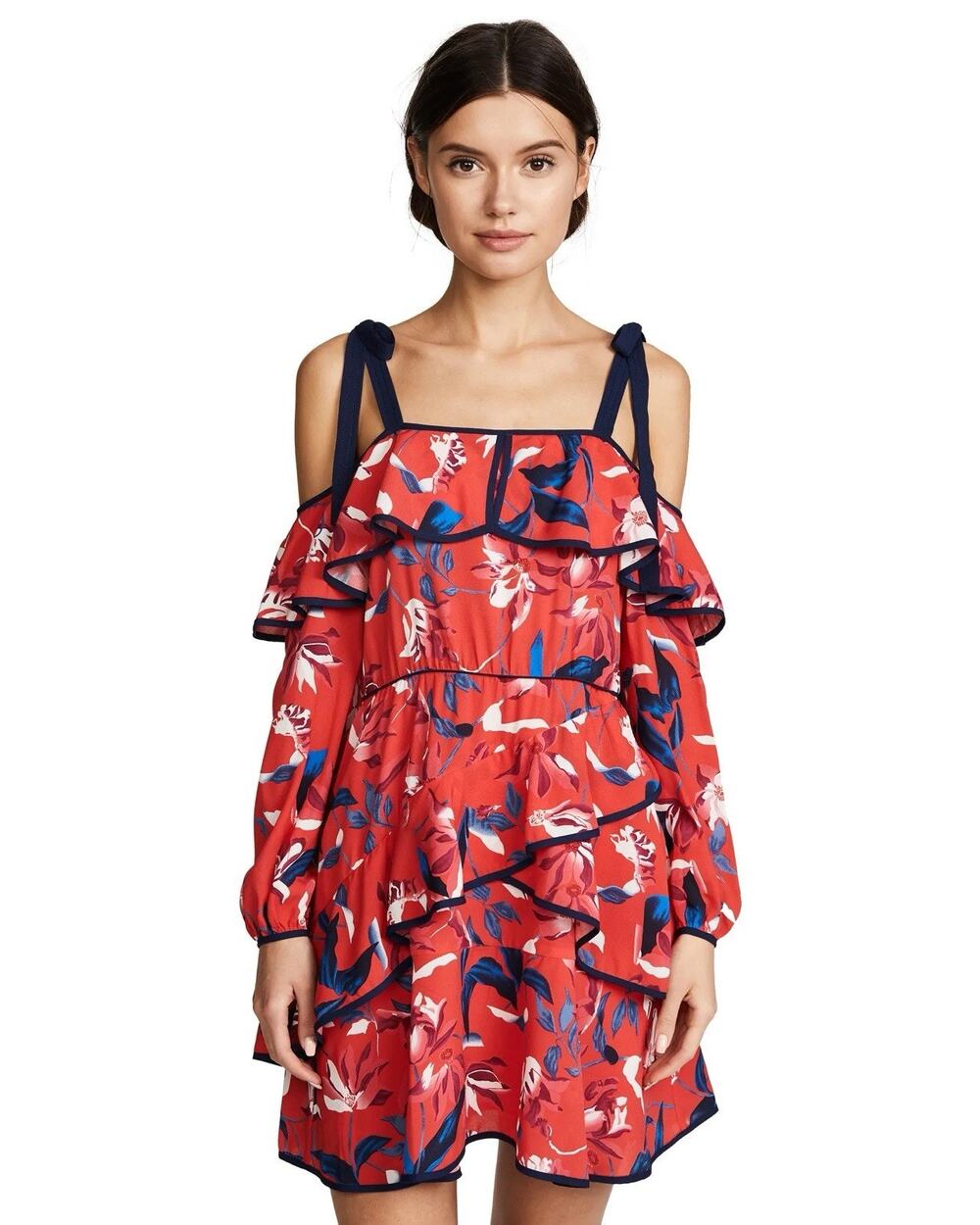 Tanya Taylor Doralee Red Tulip 100% Silk Dress Tiered Floral 2